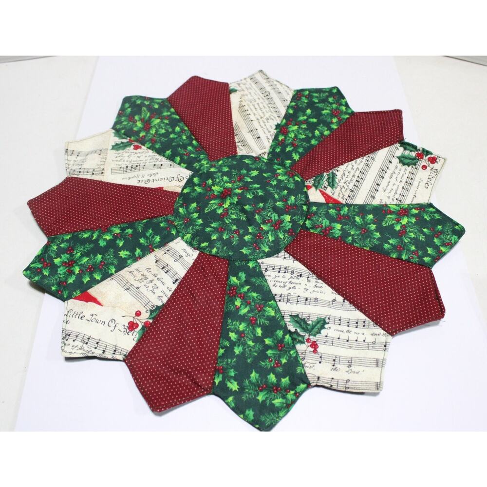 Handmade Quilted Christmas Table Topper Reversible Holly Berry Music Notes 22”